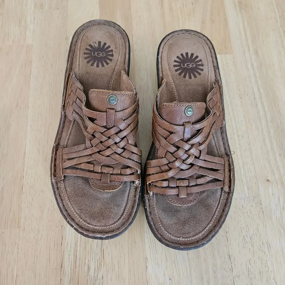 UGG Australia Keala Fisherman Sandals Sz 7 Brown Basketweave Slip On Leather
